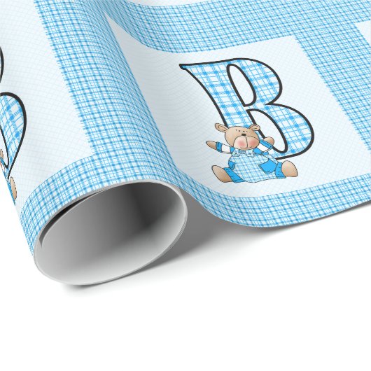 Jongensbrief 'B' met Teddy Bear en Blue Gingham Cadeaupapier (Rol Hoek)