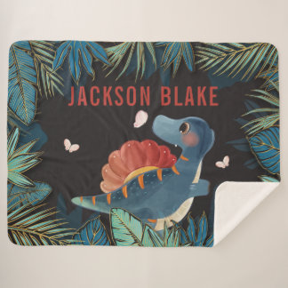 Jongensdeken met dinosaurus en gouden bladeren sherpa deken