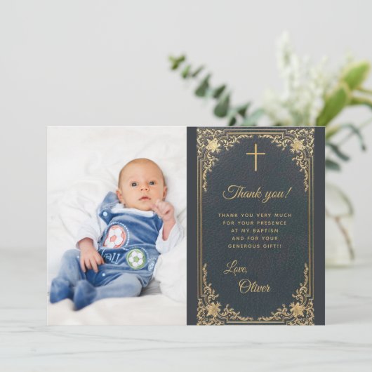 Jongensdoop Blauw Goud Foto Bedankkaart (Staand voorkant)