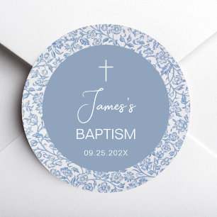 Jongensdoop blauw wit bloemmotief doop ronde sticker
