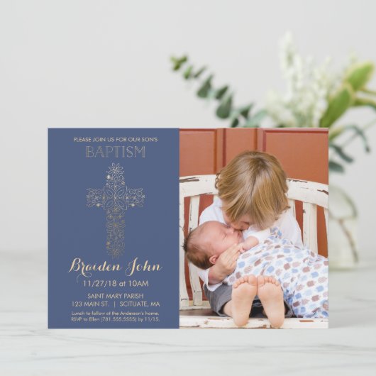 Jongensdoop, doopuitnodiging, foto, goud kaart (Staand voorkant)