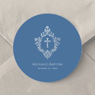 Jongensdoop Klassiek Blauw Zilveren Kreeft Ronde Sticker