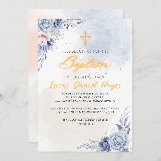 Jongensdoop Religieus Moderne Blauwe waterverf Kaart (Voorkant / Achterkant)