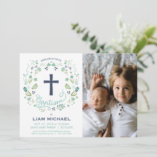 Jongensdoopuitnodiging - Foto, Aangepast, Kaart (Staand voorkant)