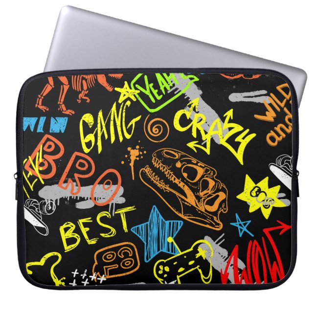 Jongensgraffiti: met de hand getekende koelte laptop sleeve (Voorkant)