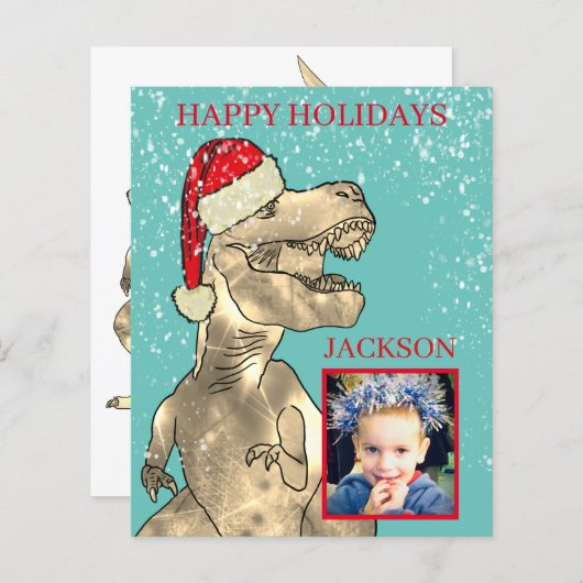 Jongensnaam T-Rex Santa Dinosaur Kerstfoto (Voorkant / Achterkant)