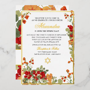 Joods Meisje Baby Naming Red Modern Floral Folie Uitnodiging