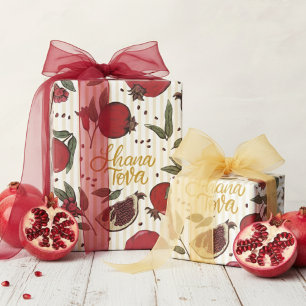 Joodse gestreepte gele Shanah Tovah granaatappel Cadeaupapier