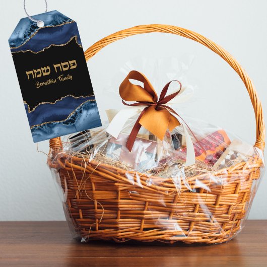 Joodse Passover Marble Navy Blue en Gold Cadeaulabel