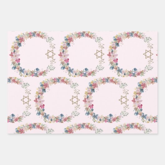Joodse ster van David Elegant Roze Bloemen Inpakpapier Vel (Voorkant)