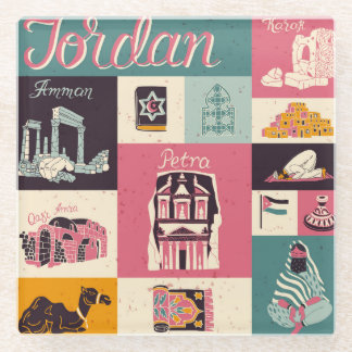Jordan Culture Retro Geïllustreerde Symbolen Glazen Onderzetter