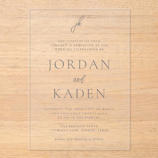 Jordan grijs script monogram elegante bruiloft acryl uitnodigingen (Voorkant)