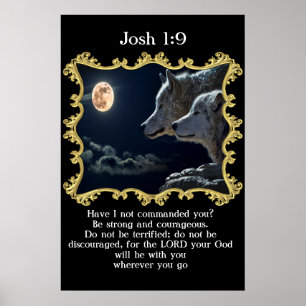 Josh 1:9 Wolven kijken naar de volle maan. Poster
