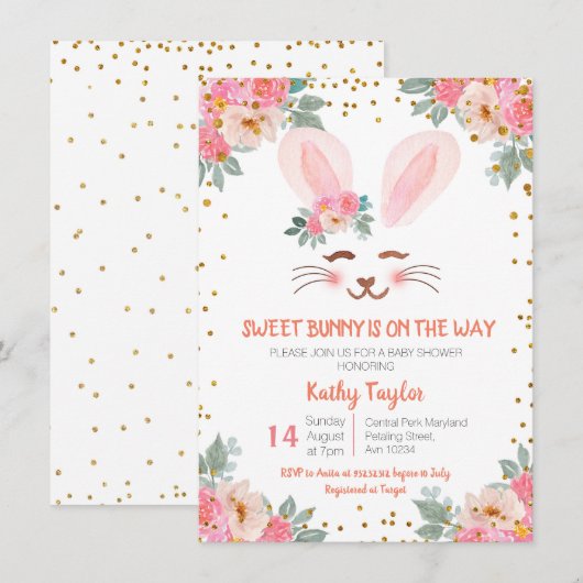 Jote Bunny baby showers filles invitation florale (Devant / Derrière)