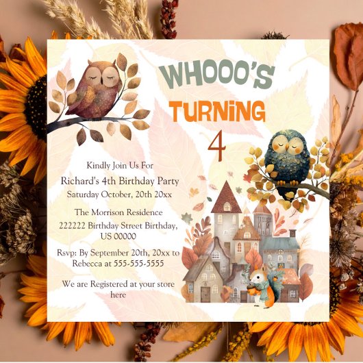 Jote Fall Owl/Squirrel Boy Invitation Anniversaire