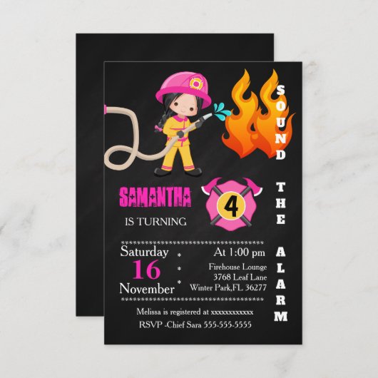 Jote Pompier rose Invitation Anniversaire (Devant / Derrière)