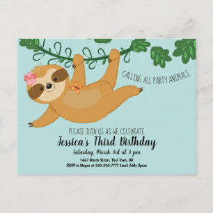 Jote Sloth Girls Anniversaire Fête Invitation