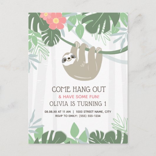 Jote Sloth Tropical Palm Feuilles Invitation d'ann (Devant)