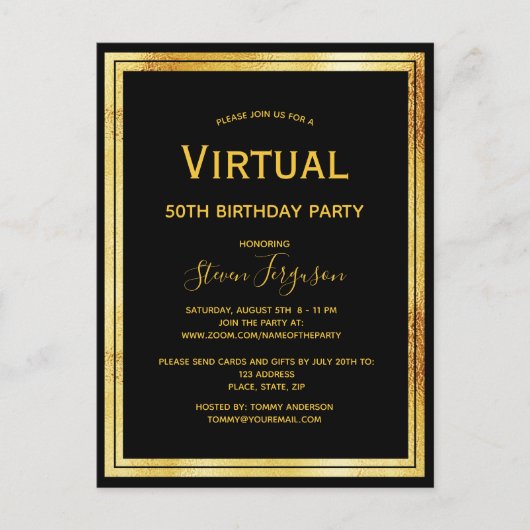 Jour d'anniversaire virtuel invitation en or noir (Devant)