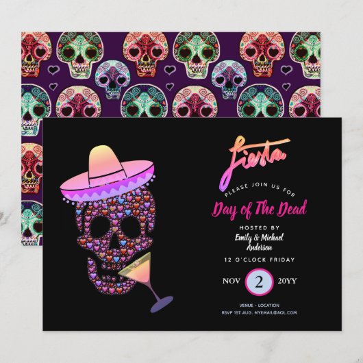 Jour moderne de la Fiesta morte Invitations rose n (Devant / Derrière)