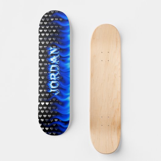 Jourdain skateboard bleu feu et flammes design. (Recto)