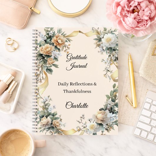 Journal de gratitude ruban doré fleurs crème flora