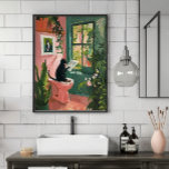 Journal de lecture de chats - Poster de salle de b<br><div class="desc">Ajoutez un peu de désordre à votre mur d'art de salle de bain avec cette impression moderne et fantaisiste ! Doté d'un chaton noir sophistiqué qui se met à l'affût des nouvelles tout en étant perché sur des toilettes roses, ce morceau apporte humour et charme à tout espace. Les touches...</div>