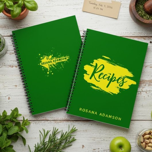 Journal de recettes vierges vert avec nom jaune