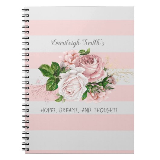 Journal intime Fleurs roses vintage sur rayures (Devant)