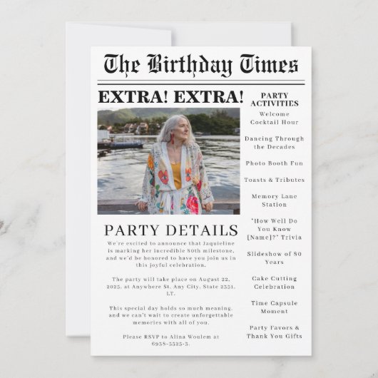 Journal unique 80e anniversaire photo Invitation (Dos)