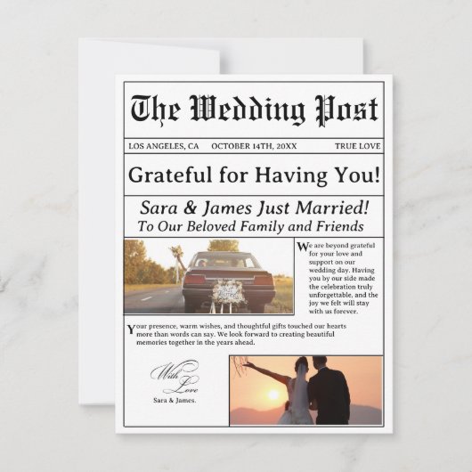 Journal Unique Pour Carte de remerciements Mariage (Devant)