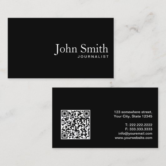 Journalist Minimalist Plain Black QR Code Visitekaartje (Voorkant / Achterkant)