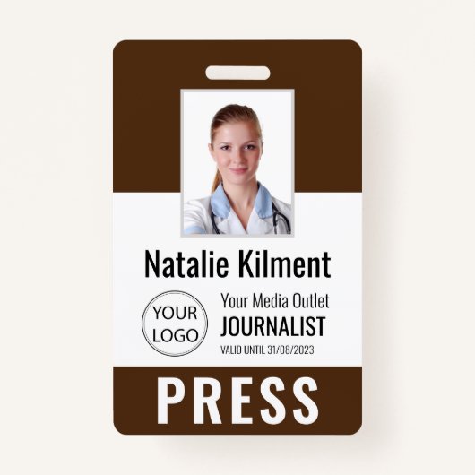 Journalist Pass Foto Naam Logo ID Bruin Badge (Voorkant)