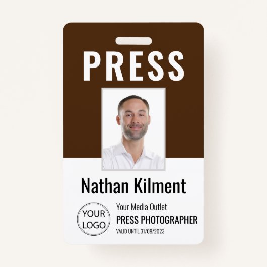 Journalist Pass Foto Naam Logo ID Bruin Badge (Voorkant)