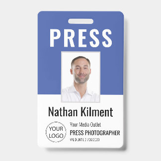 Journalist Press pass Photo Name Logo ID Blue Badge