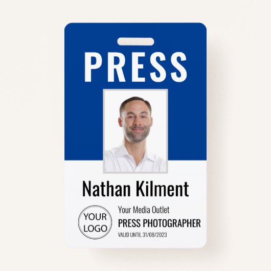 Journalist Press Pass Photo Name Logo ID Navy Blue Badge (Voorkant)