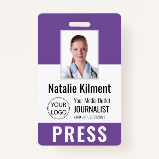 Journalist Press Pass Photo Name Logo ID Paars Badge (Voorkant)