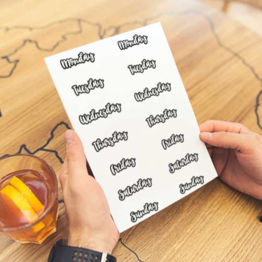 Jours de la semaine Stickers Black Outline White P