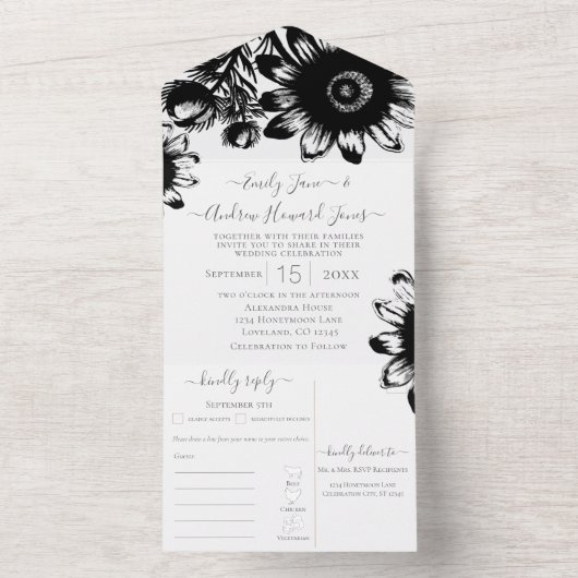 Jouw bloem foto Zwart-wit zonnebloem All In One Uitnodiging (Binnen)