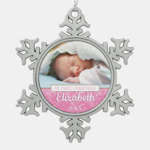 Jouw favoriete babyfoto eerste kerst tin sneeuwvlok ornament