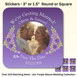 Jouw foto, bewaar de datum, paarse mauve bloemen vierkante sticker