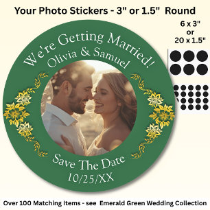 Jouw foto, bewaar de datum, smaragdgroen en goud ronde sticker