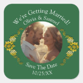 Jouw foto, bewaar de datum, smaragdgroen en goud vierkante sticker (Voorkant)