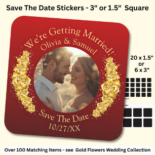 Jouw foto, datum opslaan, gouden bloemen donkerroo vierkante sticker