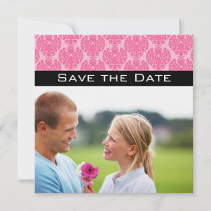 Jouw foto roze zwarte damast trouw save the date kaart