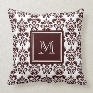 Jouw monogram, bruin Damask Patroon 2 Kussen