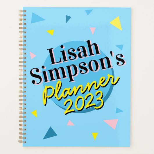 Jouw naam 80s Memphis Blauw Geel Retro Shapes Planner (Voorkant)