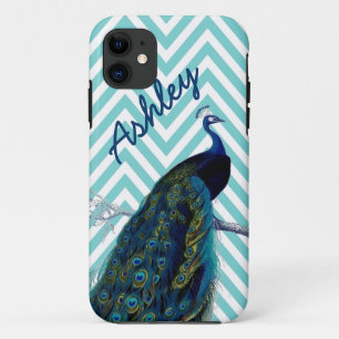 jouw naam Aqua Chevron  Peacock iPhone 11 Hoesje