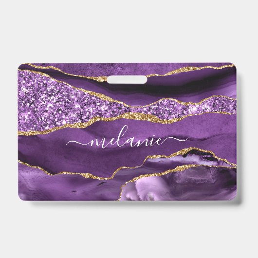 Jouw naam Badge Agate Paars Violet Gold Marble (Voorzijde)