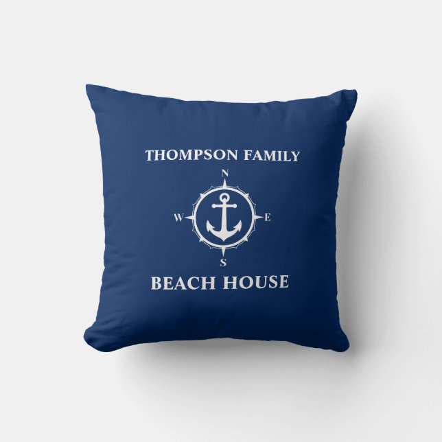 Jouw naam Beach House Compass Anchor Blue Kussen (Voorkant)
